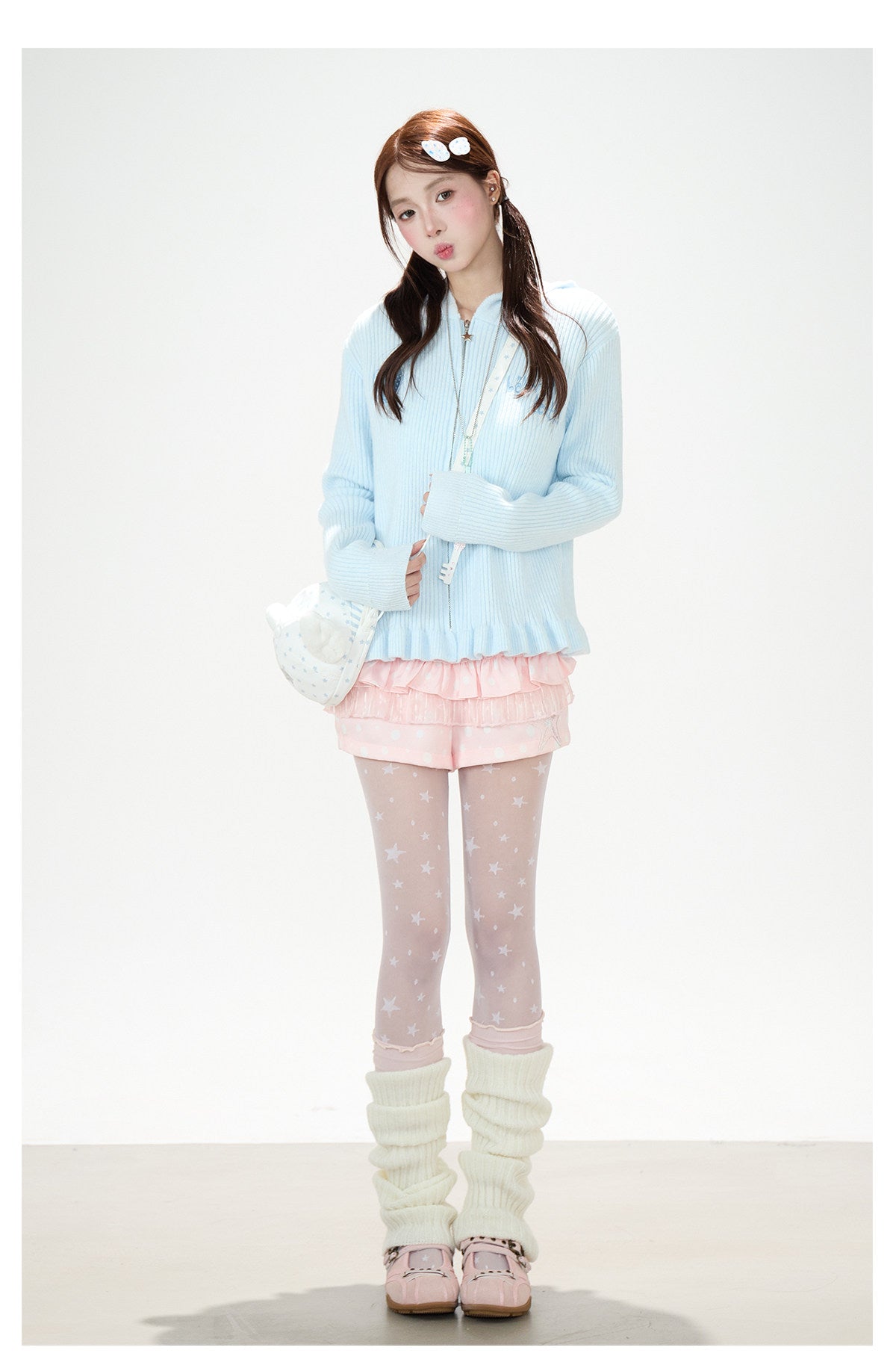 Cat-Ear Hooded Knit Zip Cardigan & Pink Ruffle Shorts