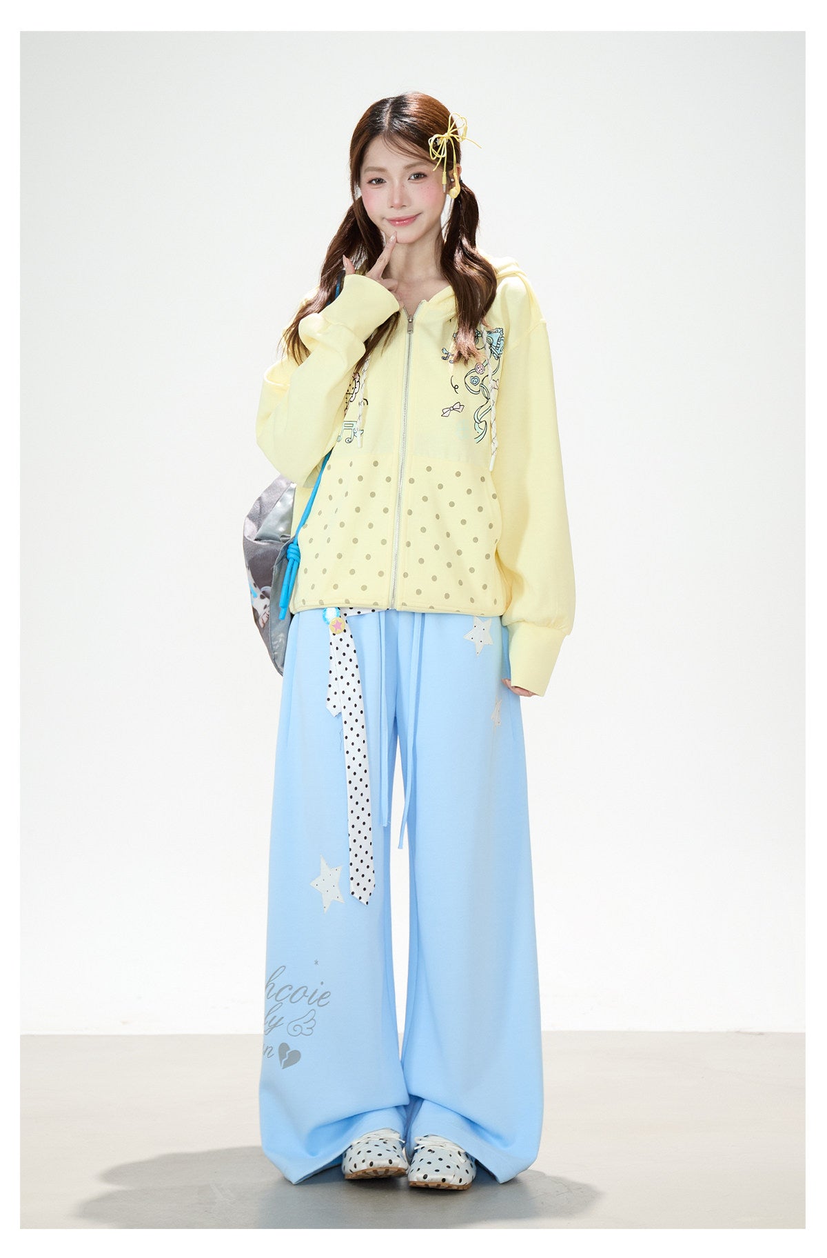 Hand-Drawn Polka-Dot Zip-Up Hoodie & Pink Ruffle Mini Skirt