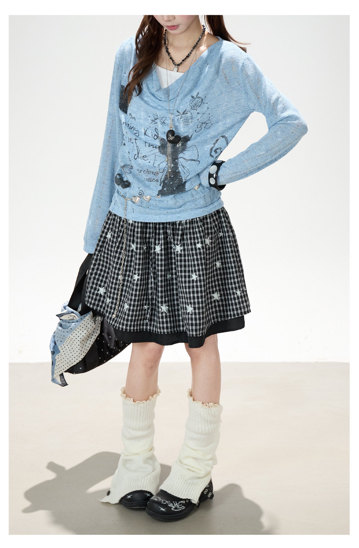 Graffiti Cutout Cowl-Neck Long Sleeve Top & Star Plaid Mini Skirt
