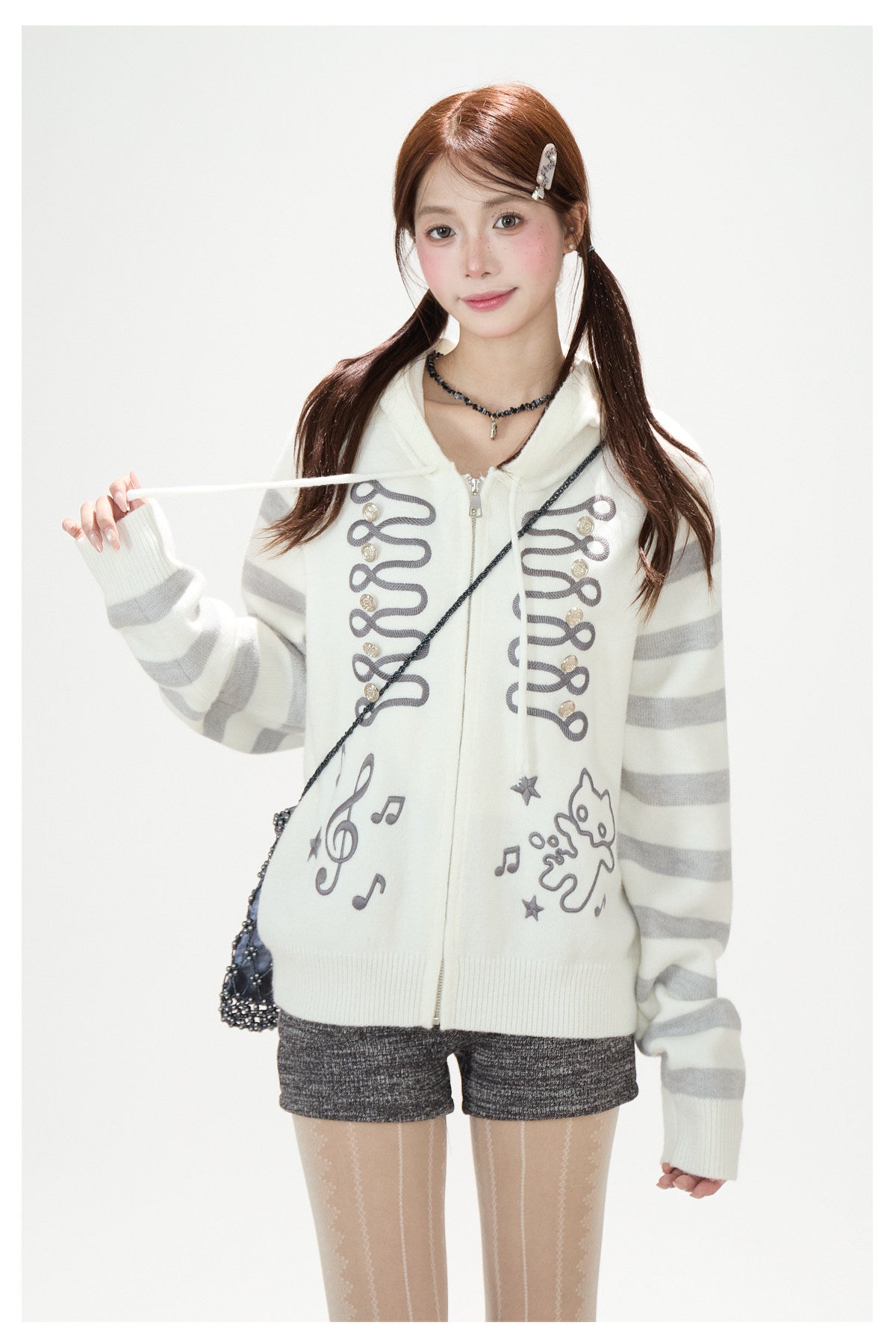Doodle Stripe Hooded Knit Zip Cardigan