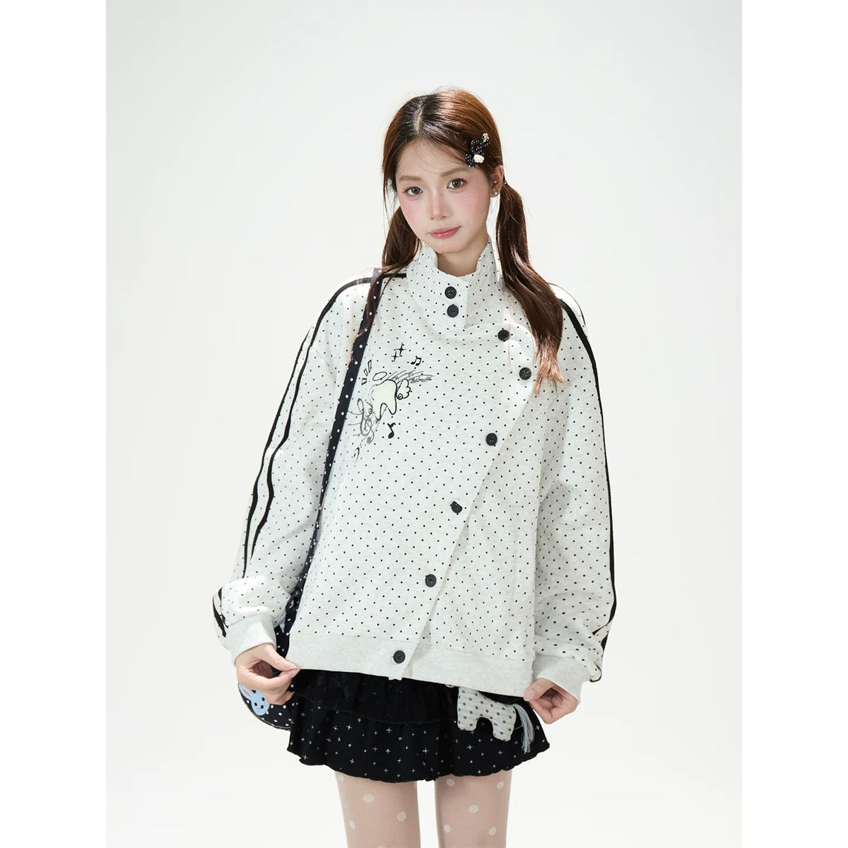 Polka-Dot Stripe Asymmetric Button Jacket & Star Print Shorts