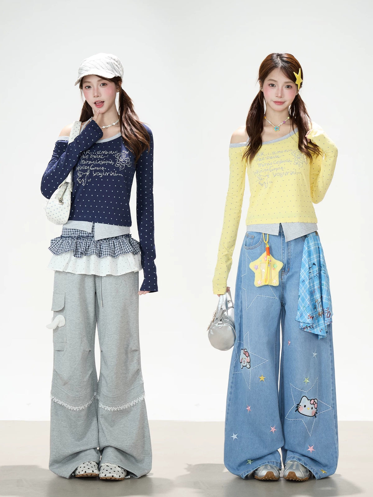 Polka-Dot Halter Off-Shoulder Long Sleeve Top & Wing Lace Wide-Leg Cargo Pants