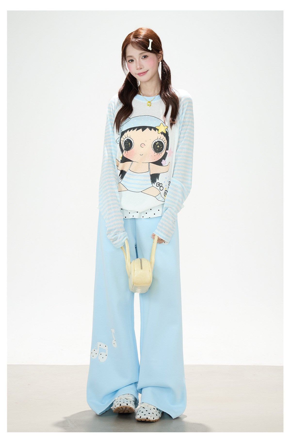 Cartoon Girl Stripe Raglan Long Sleeve Top & Black Polka-Dot Ruffle Skirt