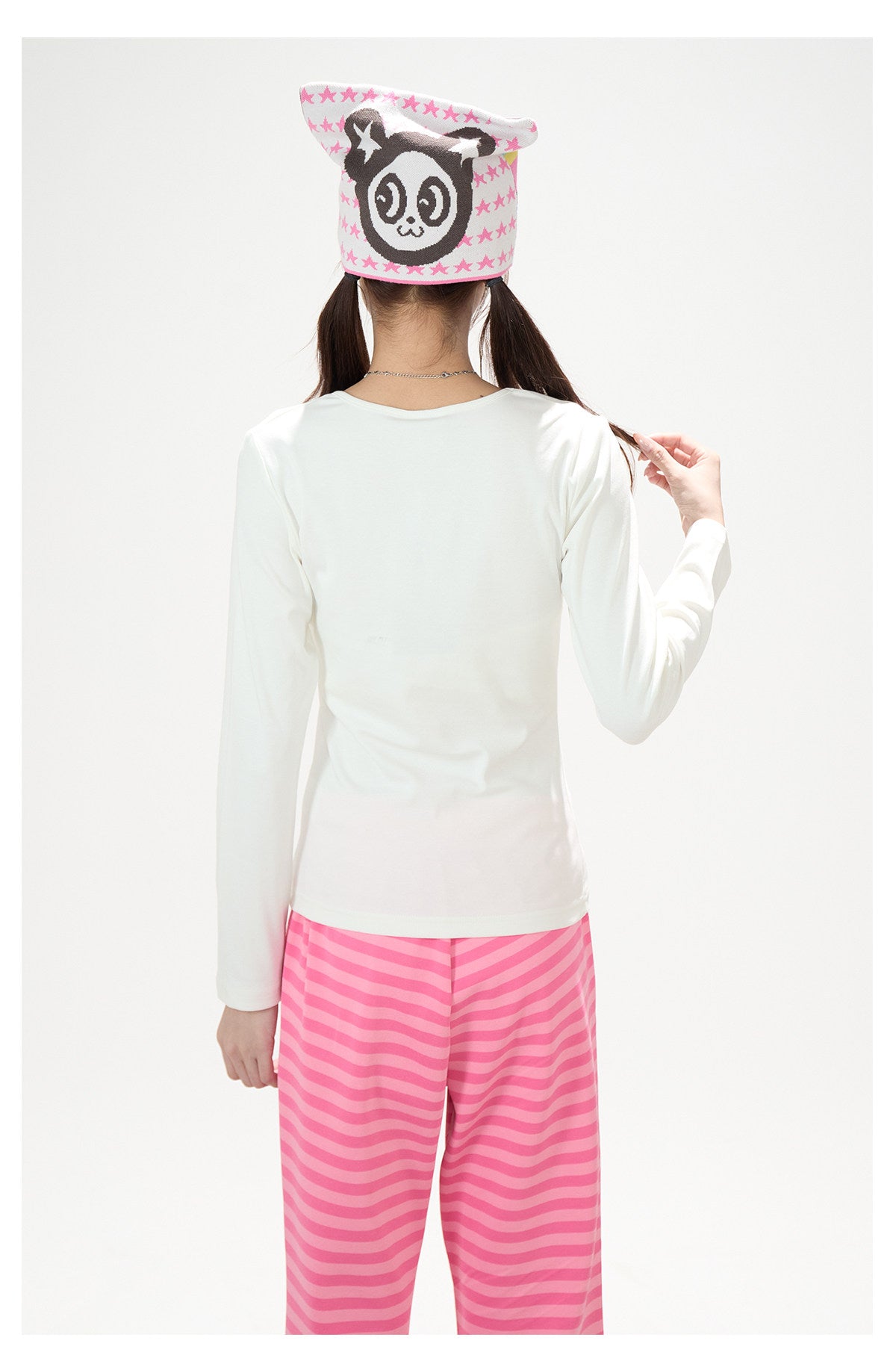 Music Note Star Button V-Neck Long Sleeve Top & Pink Stripe Wide-Leg Pants
