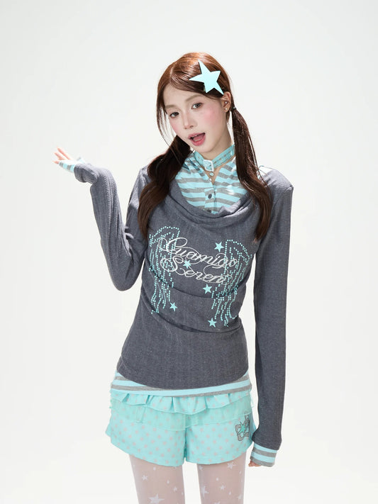 Cowl-Neck Hooded Layered Long Sleeve Top & Gray Wide-Leg Pants
