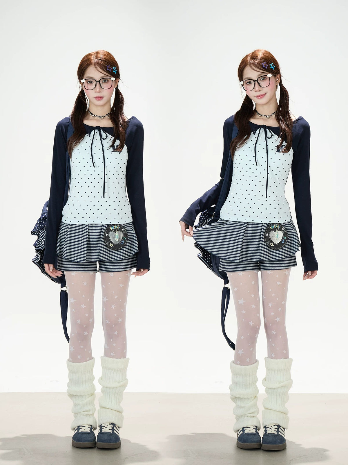 Polka-Dot Tie-Front Off-Shoulder Long Sleeve Top & Royal Blue Stripe Ruffle Mini Skirt