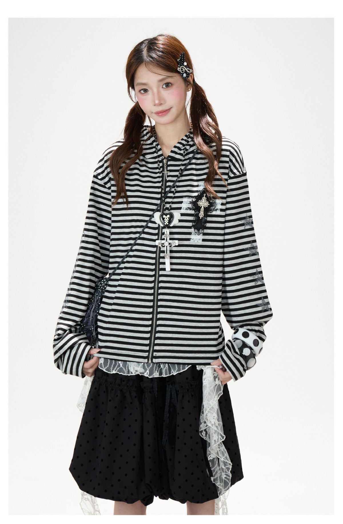 Lace Cross Stripe Zip-Up Hoodie & Black Polka-Dot Ruffle Midi Skirt
