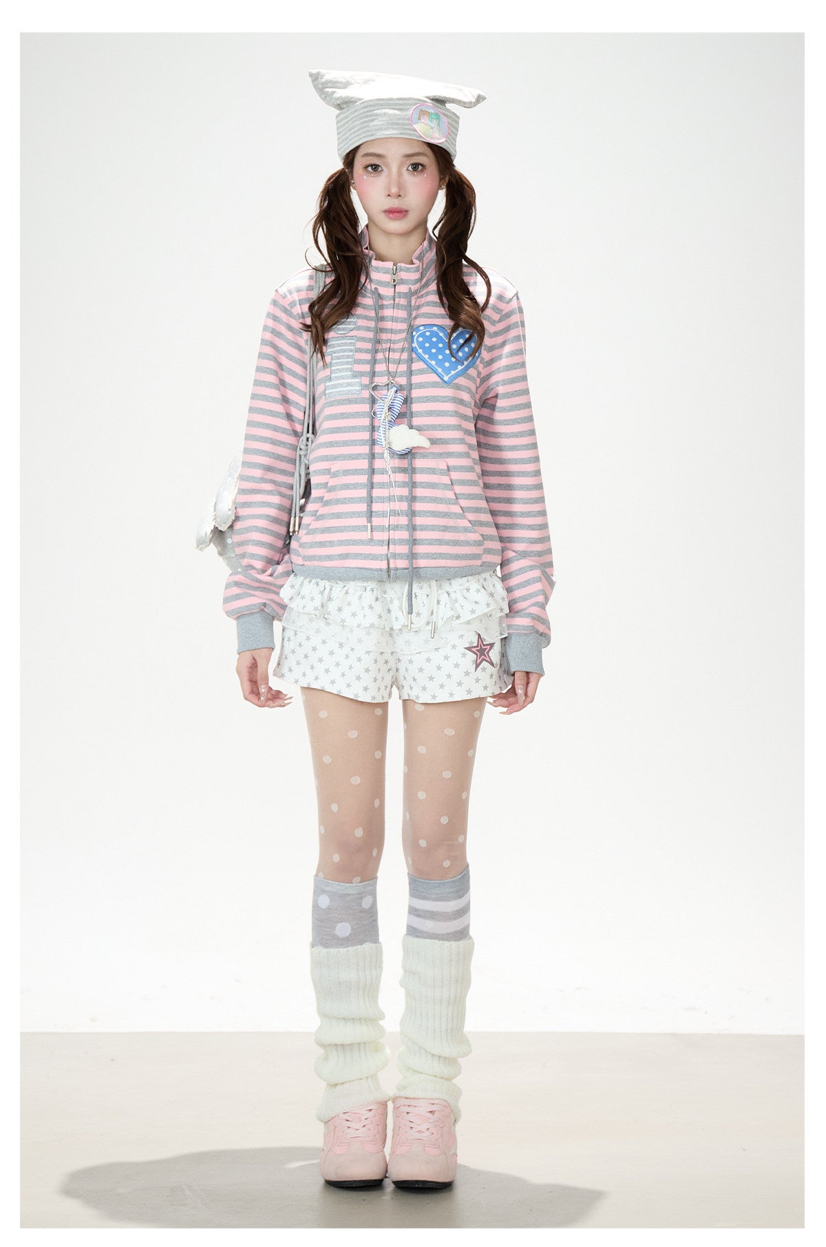 Heart Stripe Zip-Up Sweatshirt Jacket & White Star Shorts