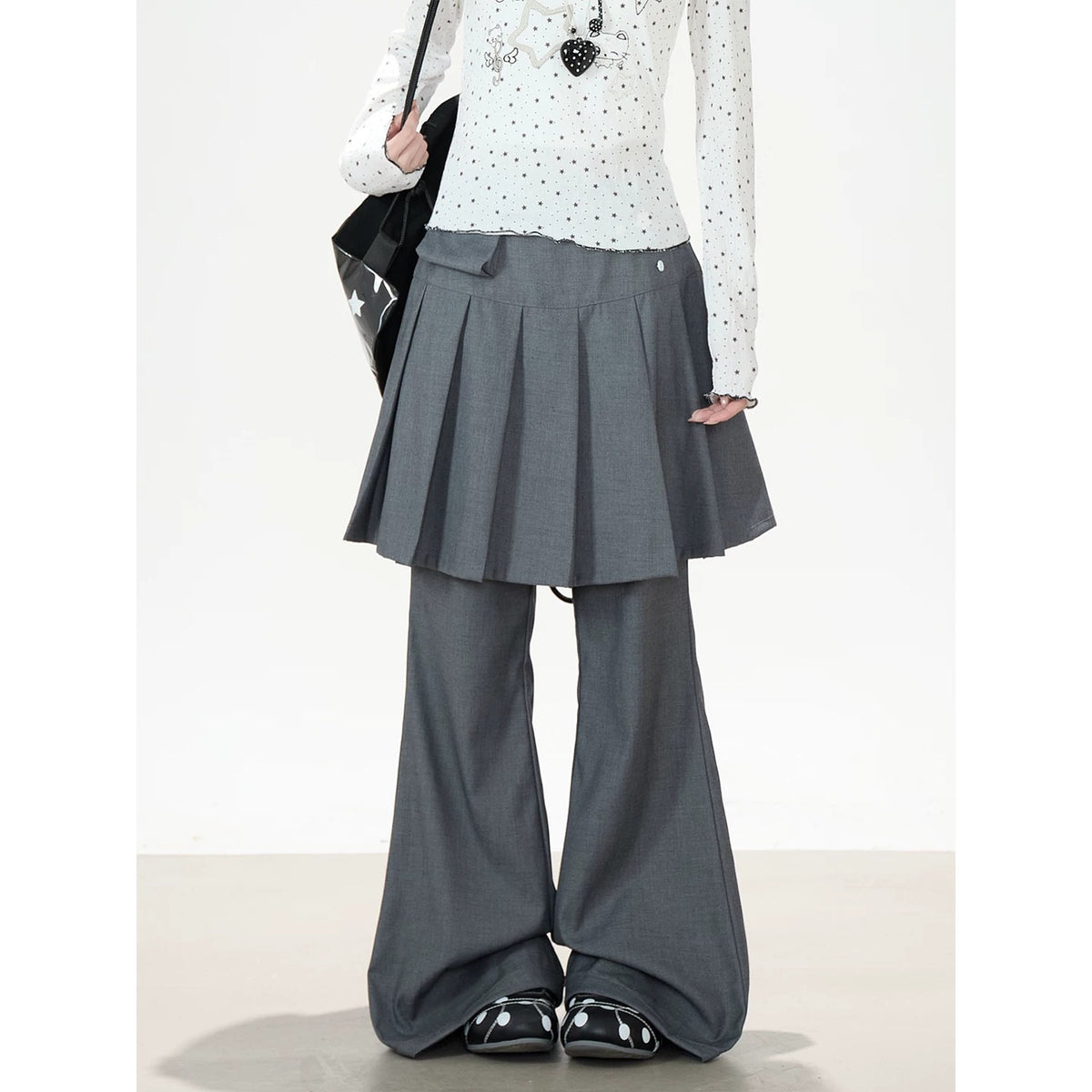 Star Cartoon Fitted Long Sleeve Top & Pleated Skirt-Layer Wide-Leg Pants