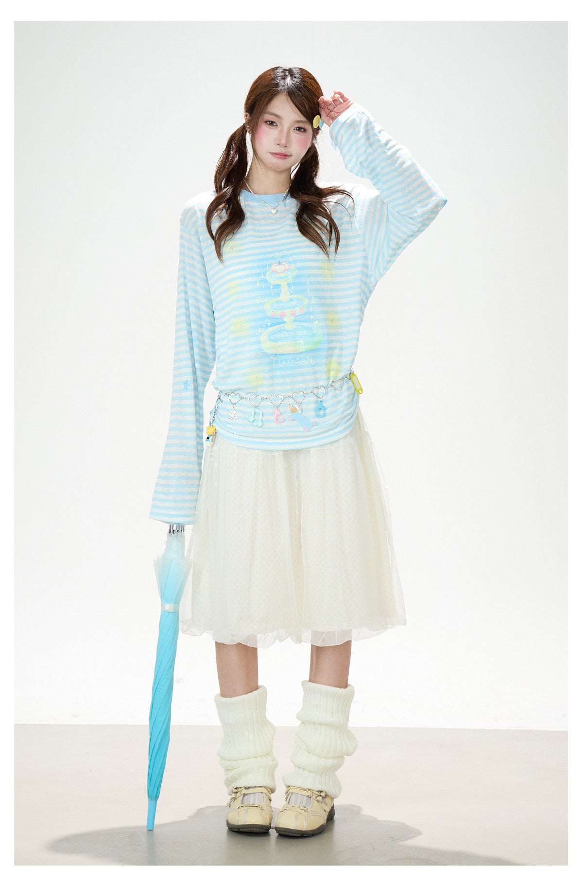 Pastel Stripe Cartoon Drawstring Long Sleeve Top & Khaki Wide-Leg Pants