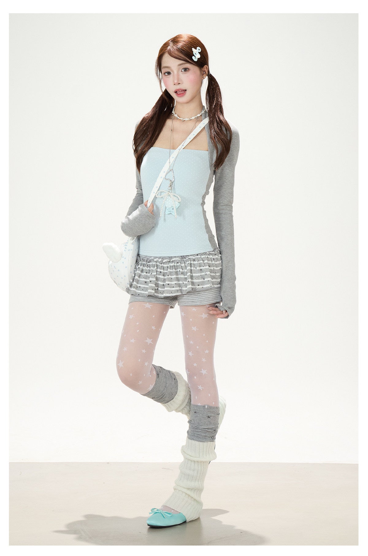 Polka-Dot Layered Cami Long Sleeve Top & Gray Ruffle Shorts