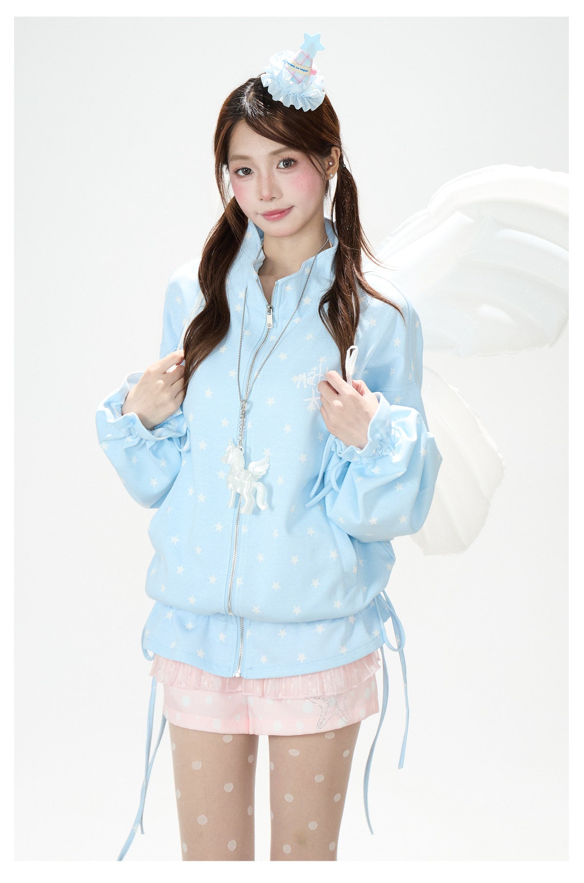 Allover Star Zip-Up Sweatshirt Jacket & Blue Plaid Tiered Midi Skirt
