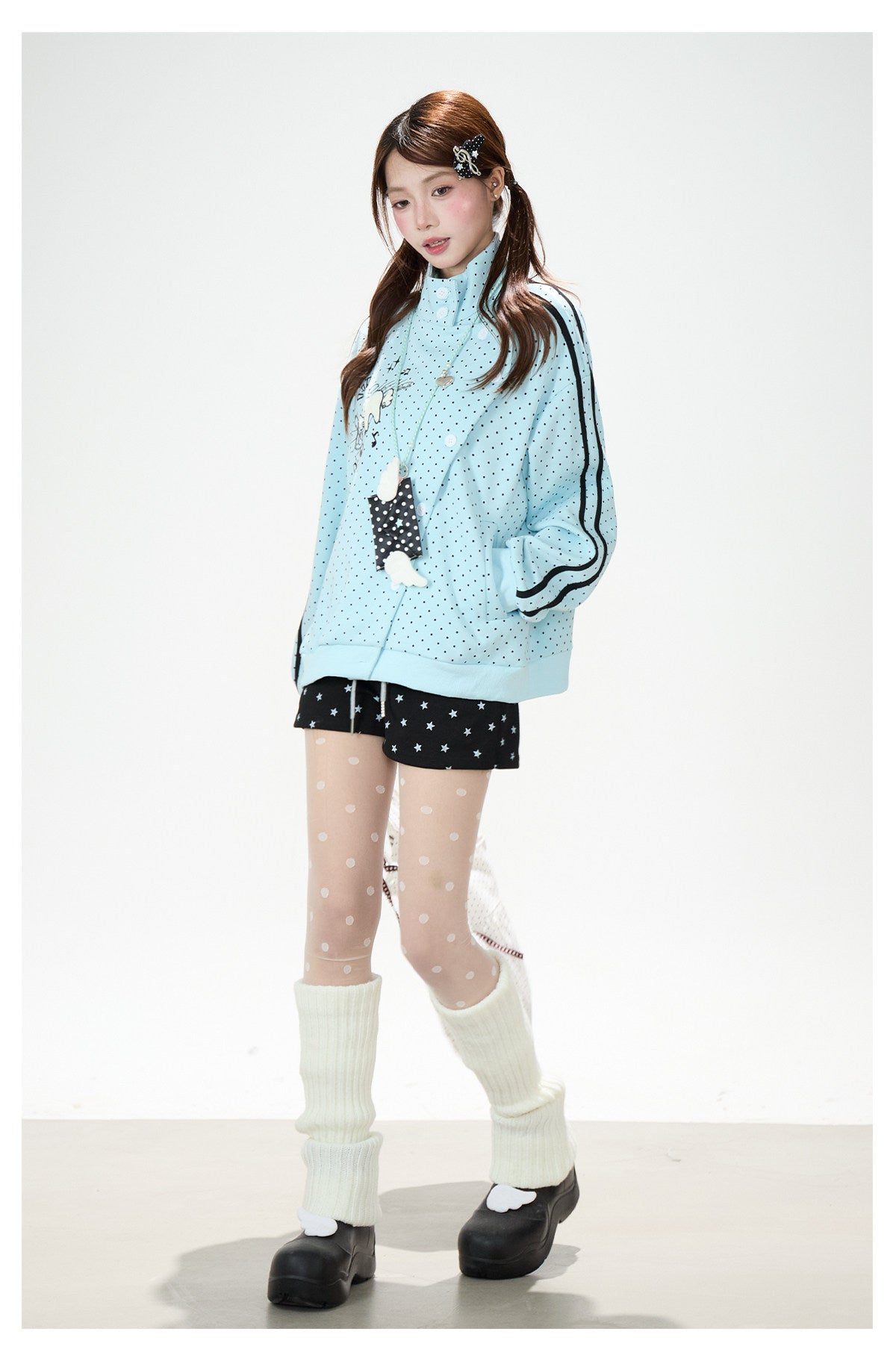 Polka-Dot Stripe Asymmetric Button Jacket & Black Tiered Mini Skirt