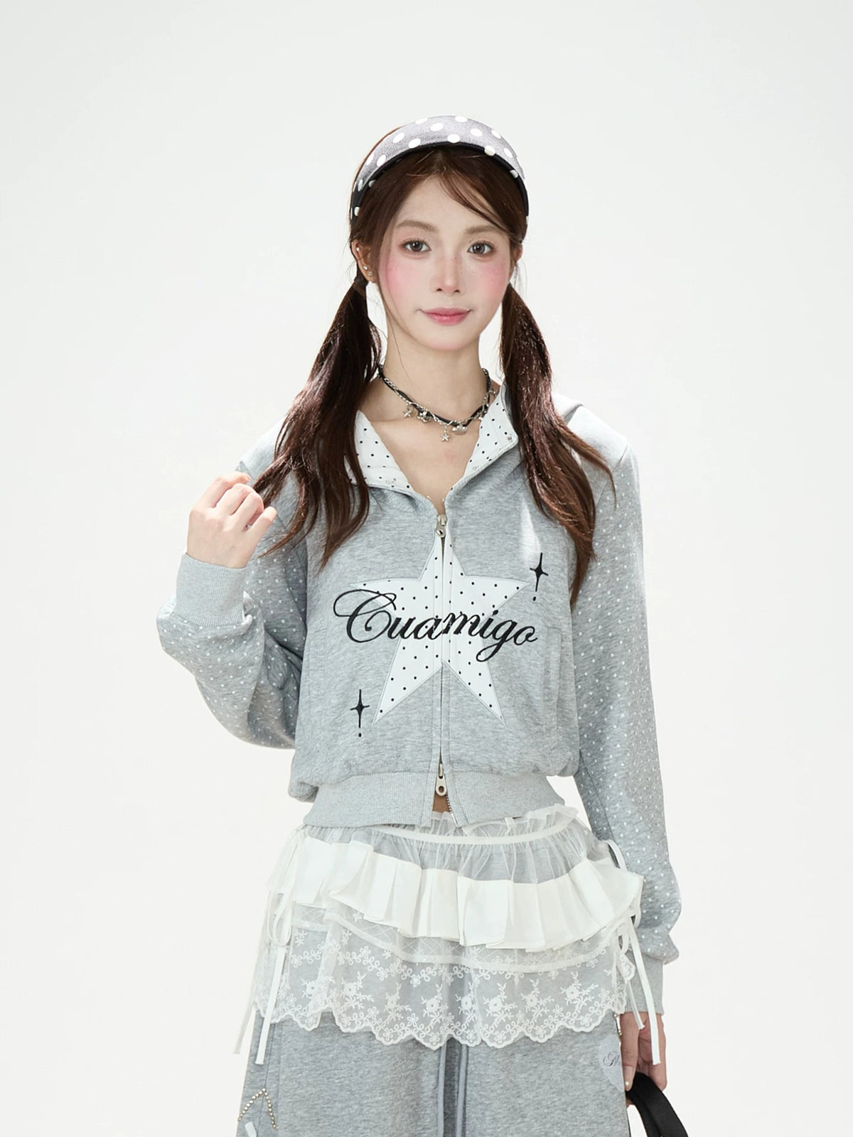 Star Polka-Dot Cropped Zip-Up Hoodie & Paw Print Graphic Wide-Leg Jeans