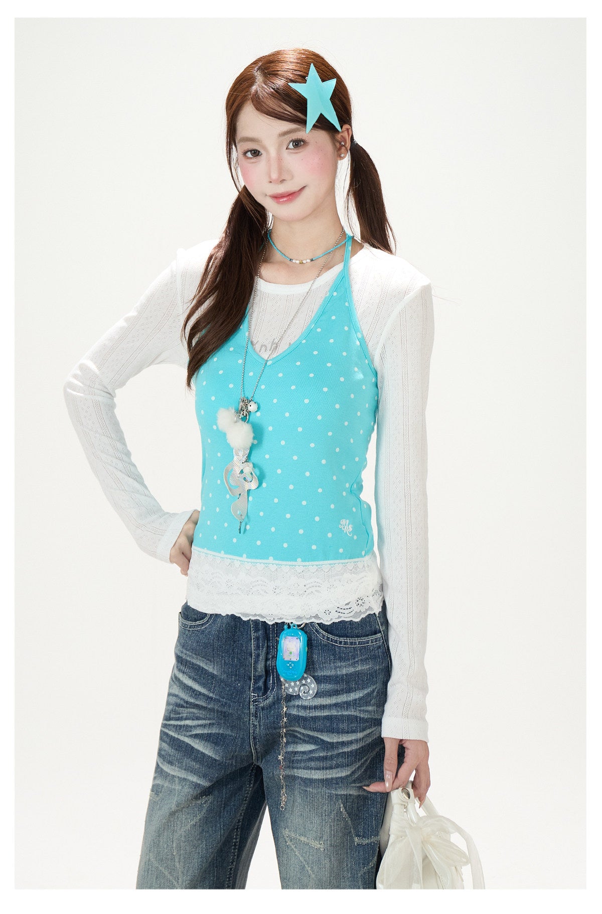 Sheer Cat Doodle Long Sleeve Top, Polka-Dot Cami & Washed Wide-Leg Jeans