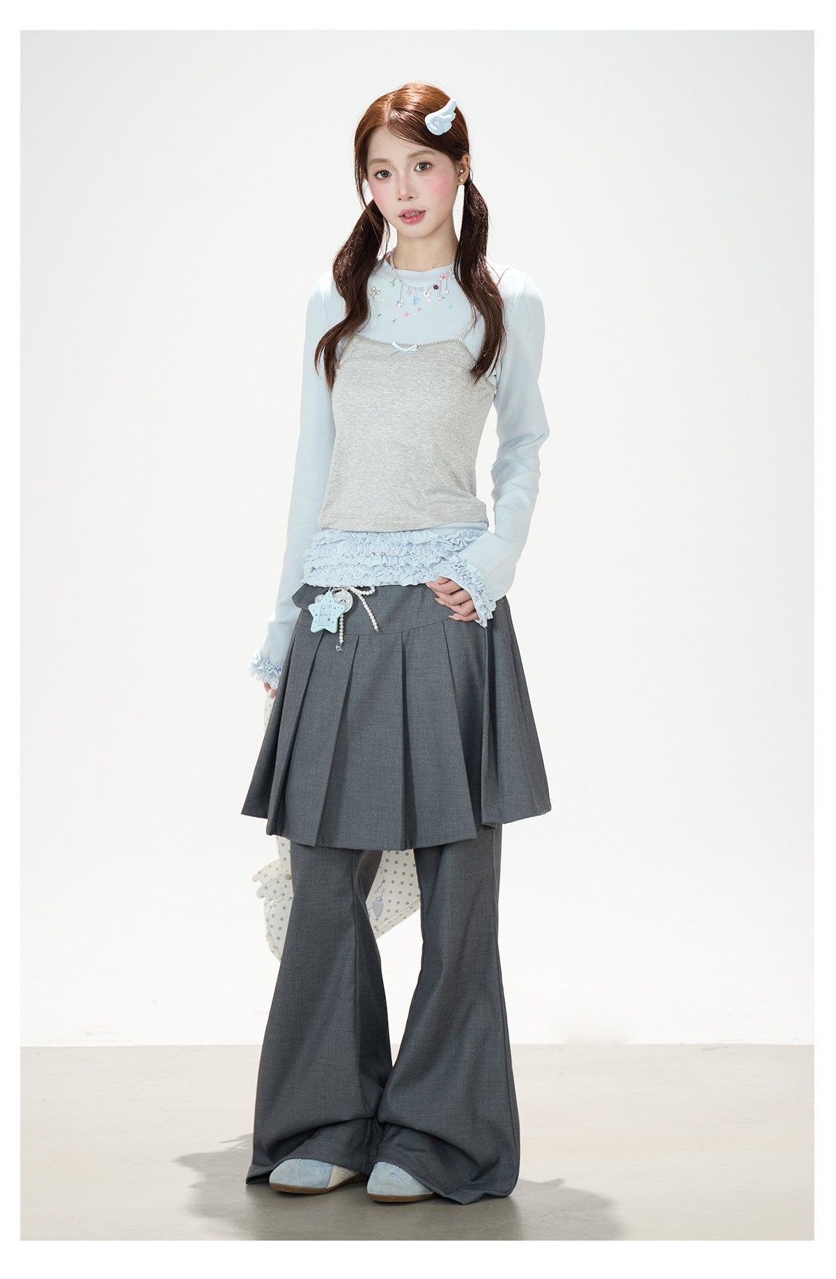Ruffle Hem Layered Cami Long Sleeve Top & Washed Wide-Leg Jeans