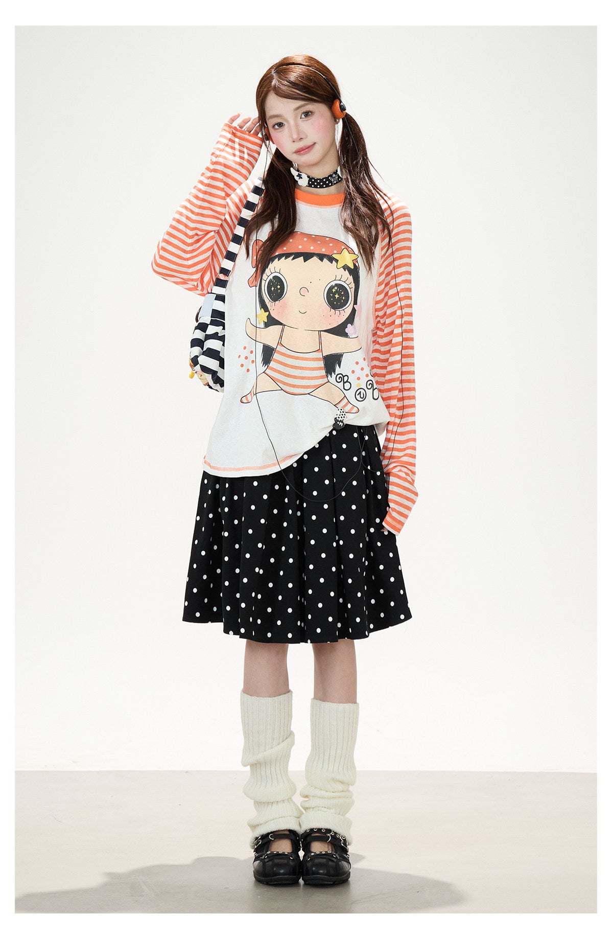 Cartoon Girl Stripe Raglan Long Sleeve Top & Black Polka-Dot Ruffle Skirt