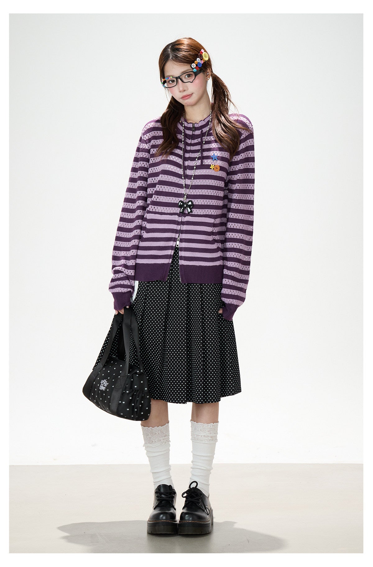 Striped Openwork Knit Cardigan & Black Polka-Dot Pleated Midi Skirt