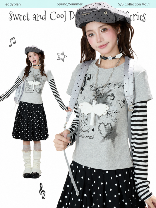 Striped Faux-Layered Graphic Long Sleeve Top & Polka Dot Pleated Mini Skirt