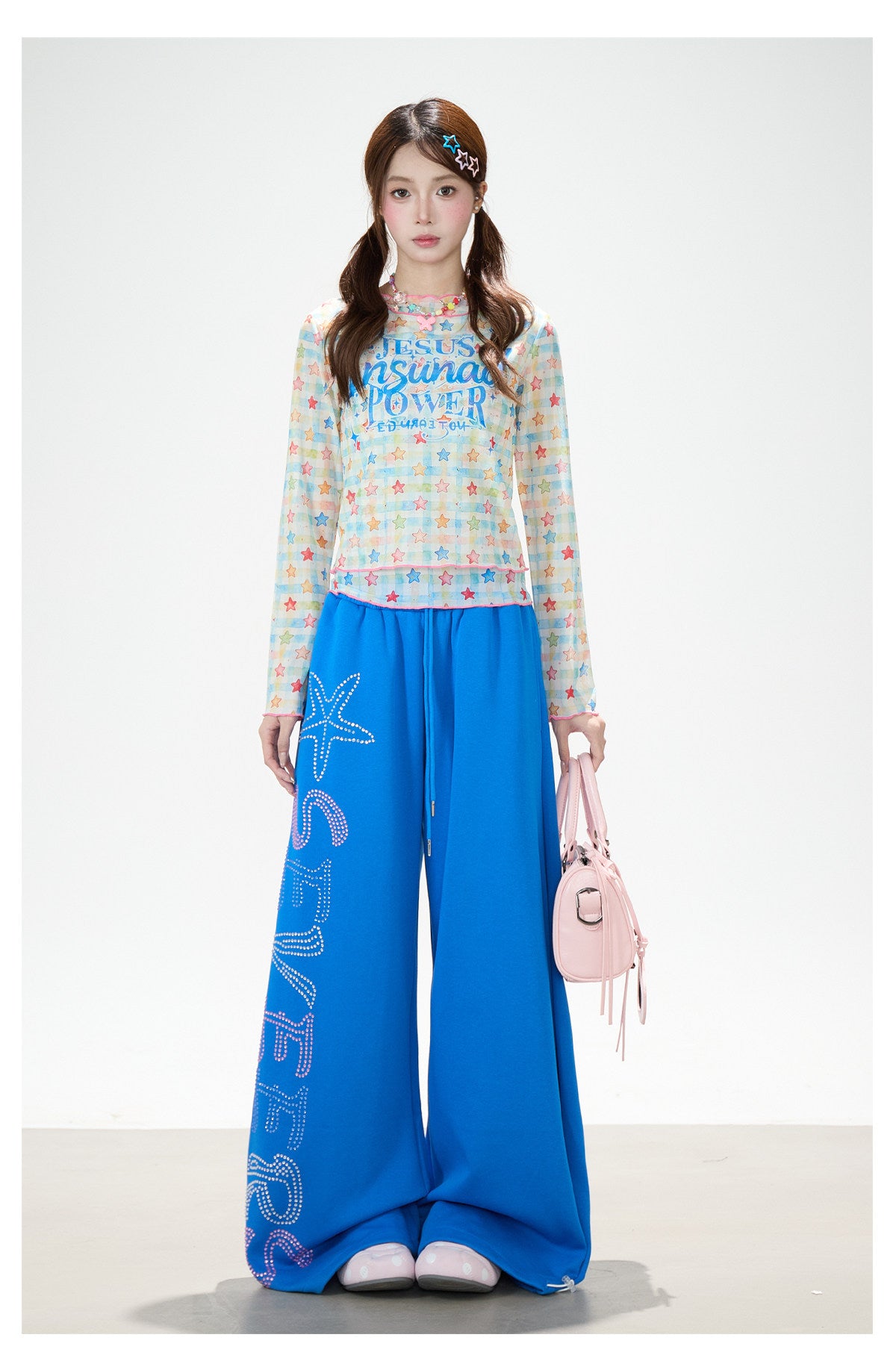 Pantalon de survêtement à jambes larges avec strass motif étoile de mer