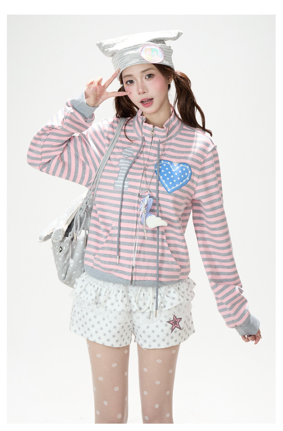 Heart Stripe Zip-Up Sweatshirt Jacket & White Star Shorts