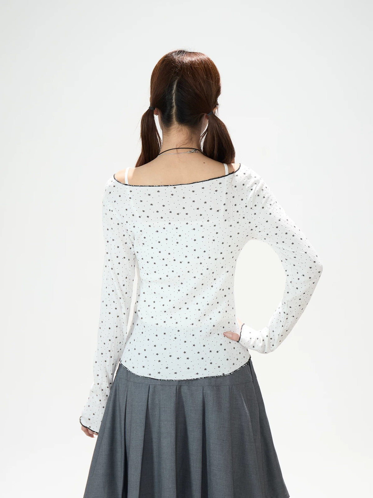 Star Cartoon Fitted Long Sleeve Top & Pleated Skirt-Layer Wide-Leg Pants