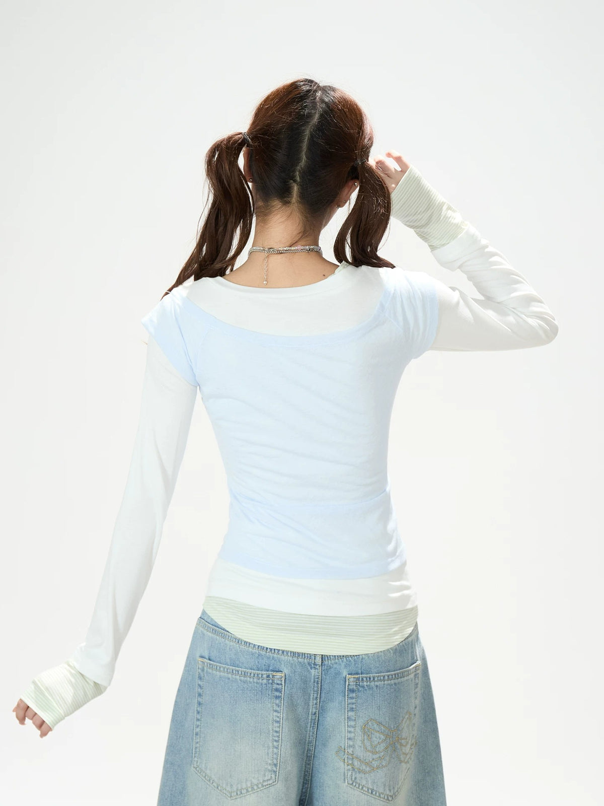 Layered Contrast Long Sleeve Top & Washed Wide-Leg Jeans