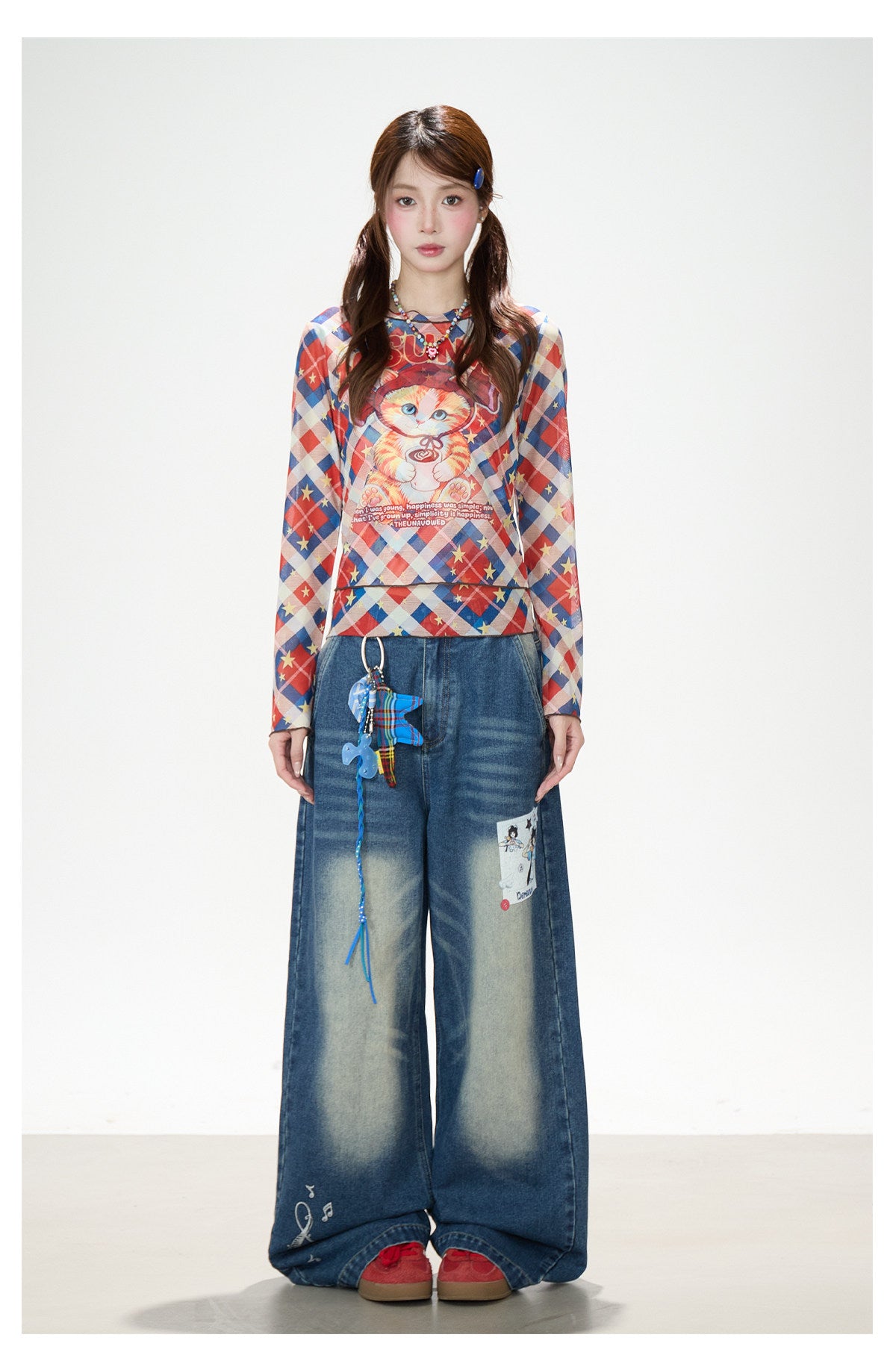 Cartoon Patch Washed Wide-Leg Jeans