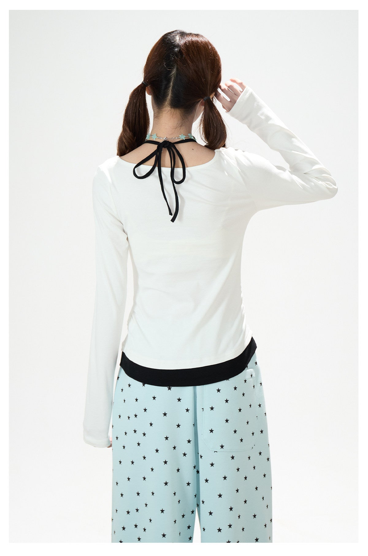 Contrast Halter Layered Long Sleeve Top & Allover Star Wide-Leg Sweatpants