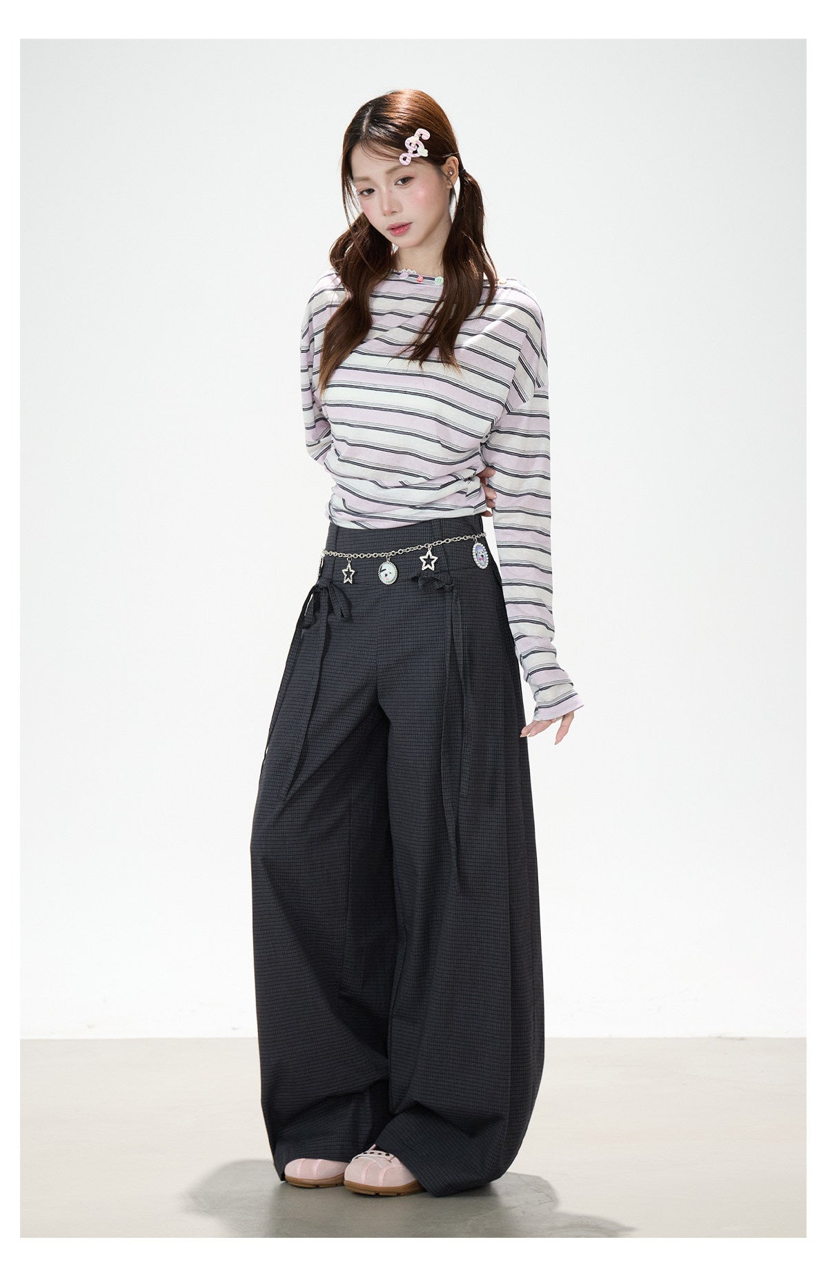 Striped Off-Shoulder Long Sleeve Top & Polka-Dot Midi Skirt