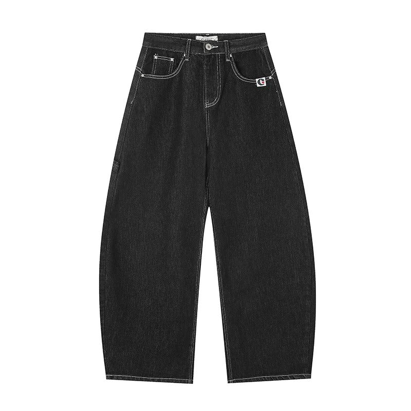 Washed Black Curved Wide-Leg Jeans