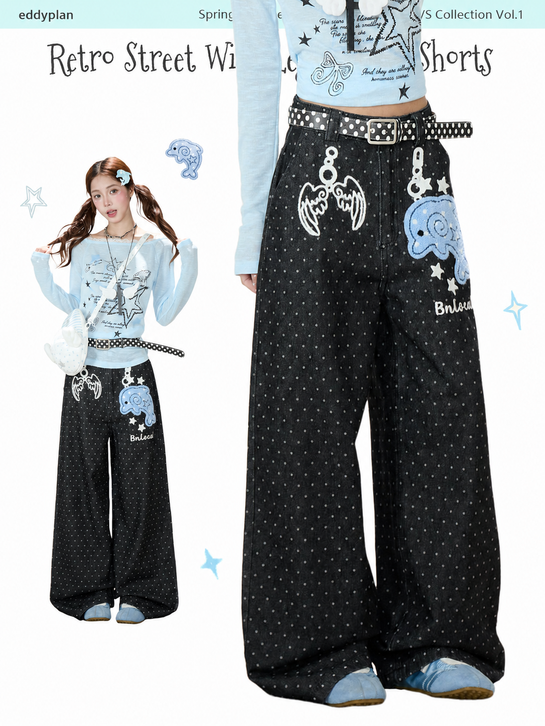 Dolphin Embroidered Polka Dot Wide-Leg Jeans