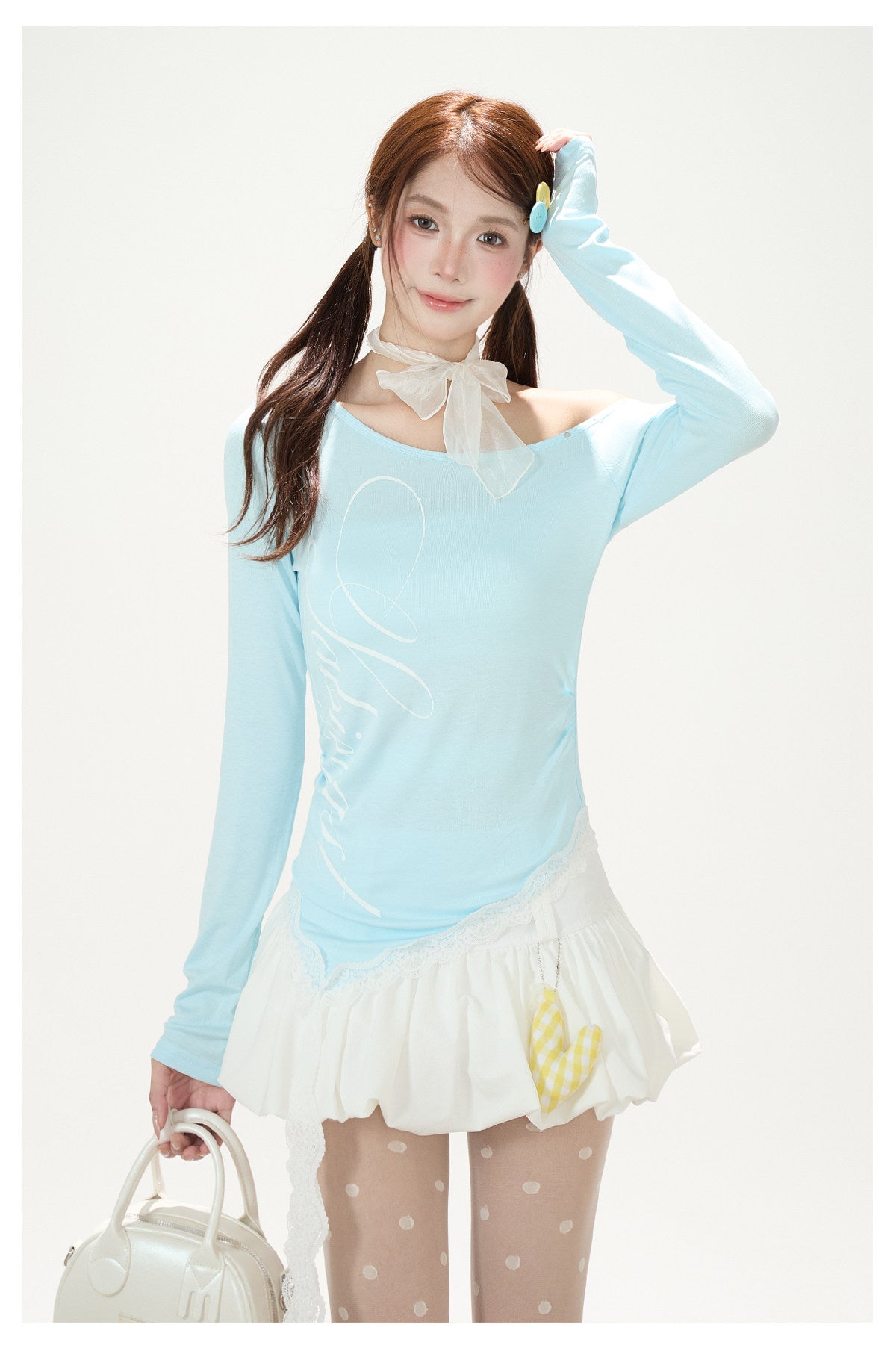 Ballet Ribbon Off-Shoulder Long Sleeve Top & White Ruffle Mini Skirt