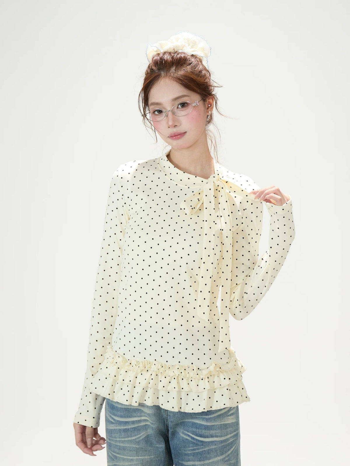 Polka-Dot Bow Ruffle-Hem Long Sleeve Top & Washed Flare Jeans