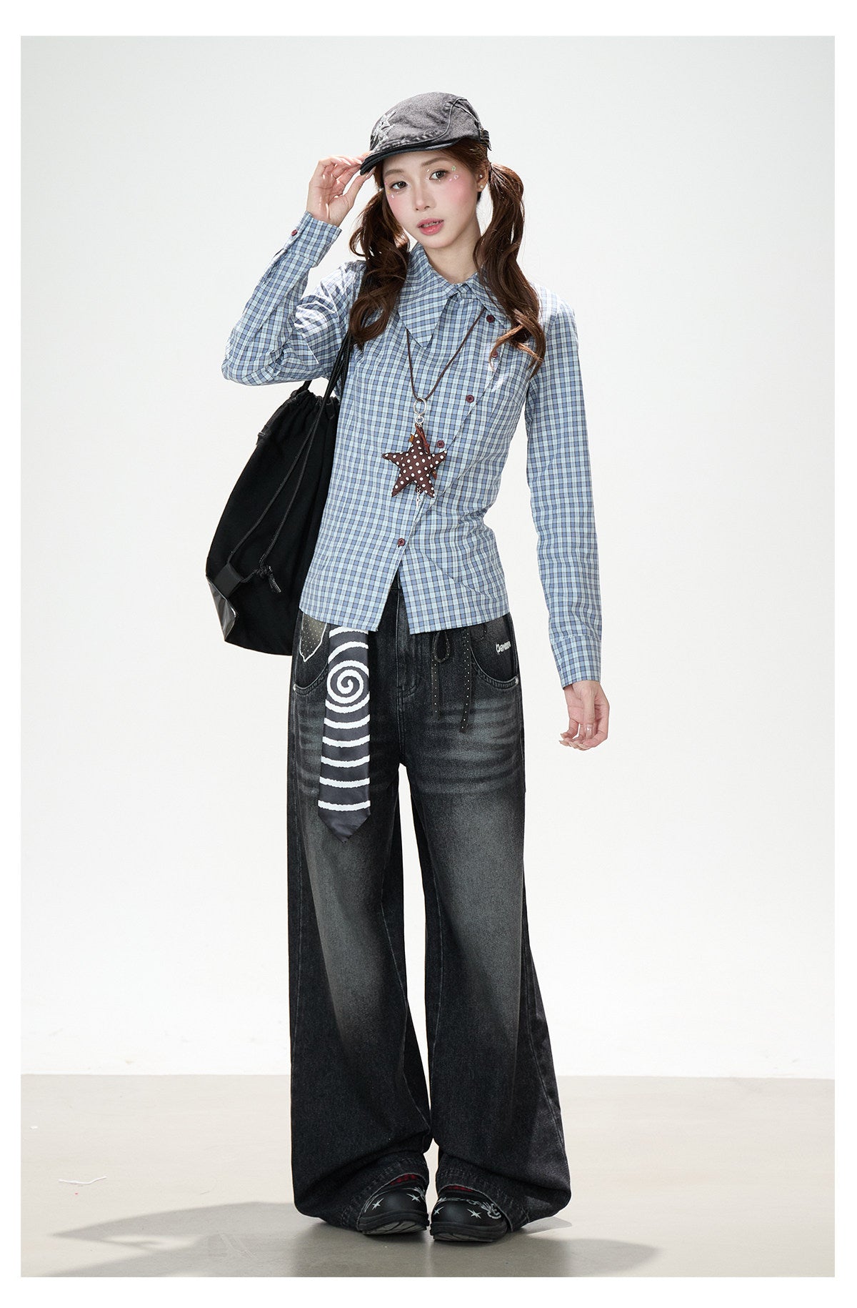 Blue Check Asymmetrical Shirt & Washed Wide-Leg Pants