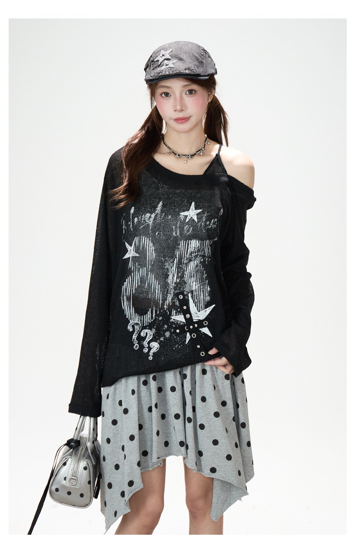 Dark Graffiti Off-Shoulder Long Sleeve Top & Asymmetric Polka-Dot Mini Skirt