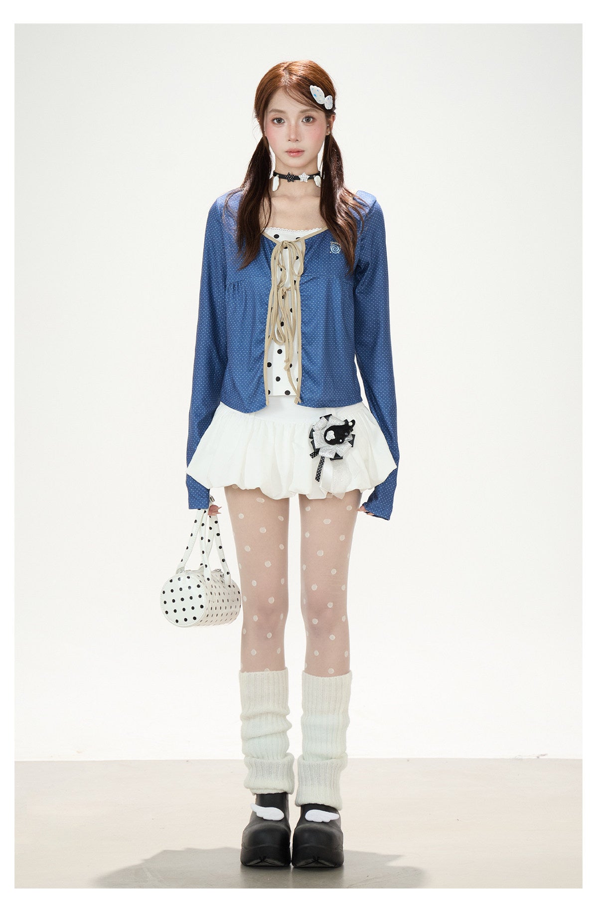 Polka-Dot Tie-Front Layered Long Sleeve Top & Pinstripe Button Wide-Leg Pants
