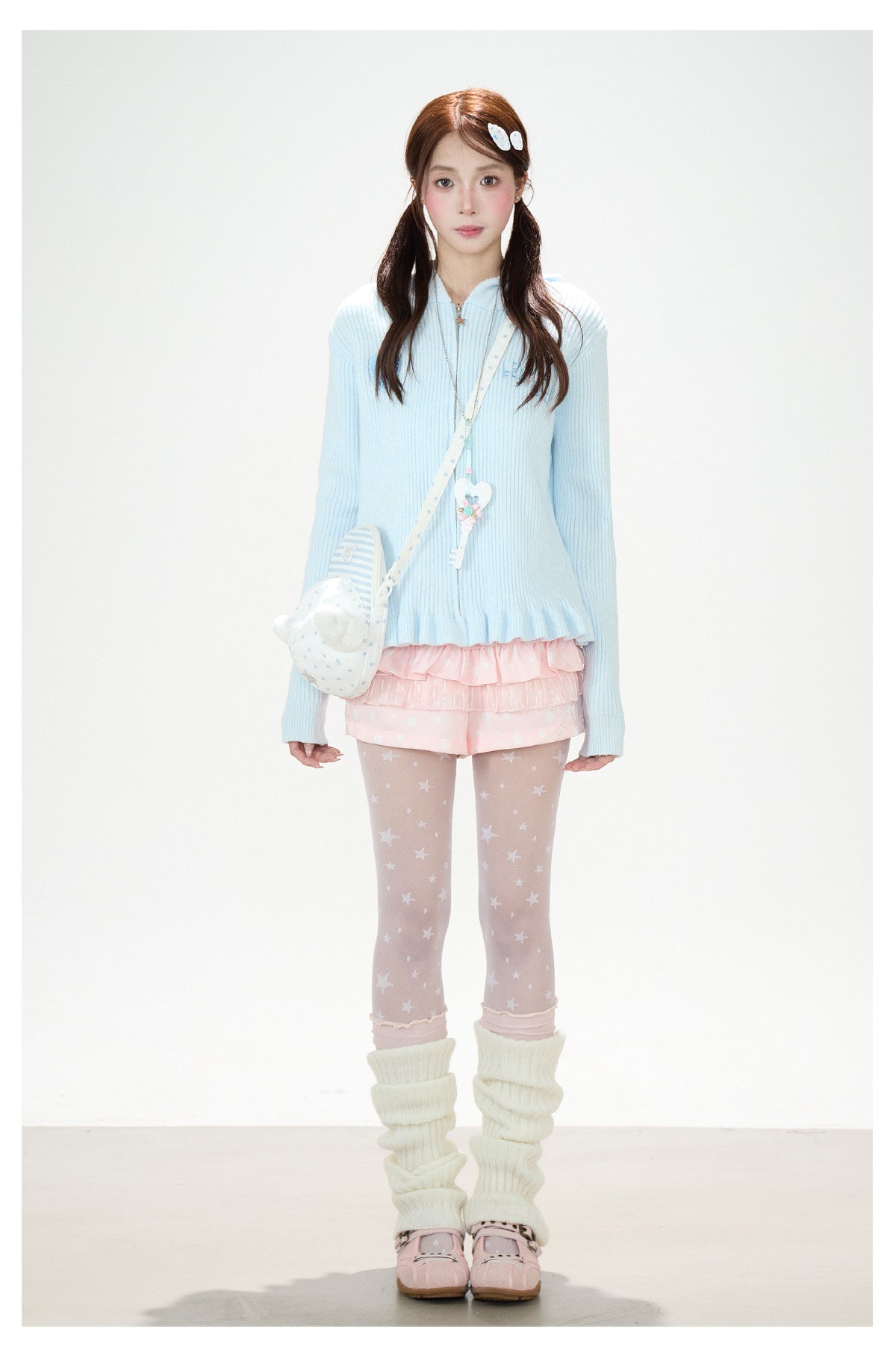 Cat-Ear Hooded Knit Zip Cardigan & Pink Ruffle Shorts
