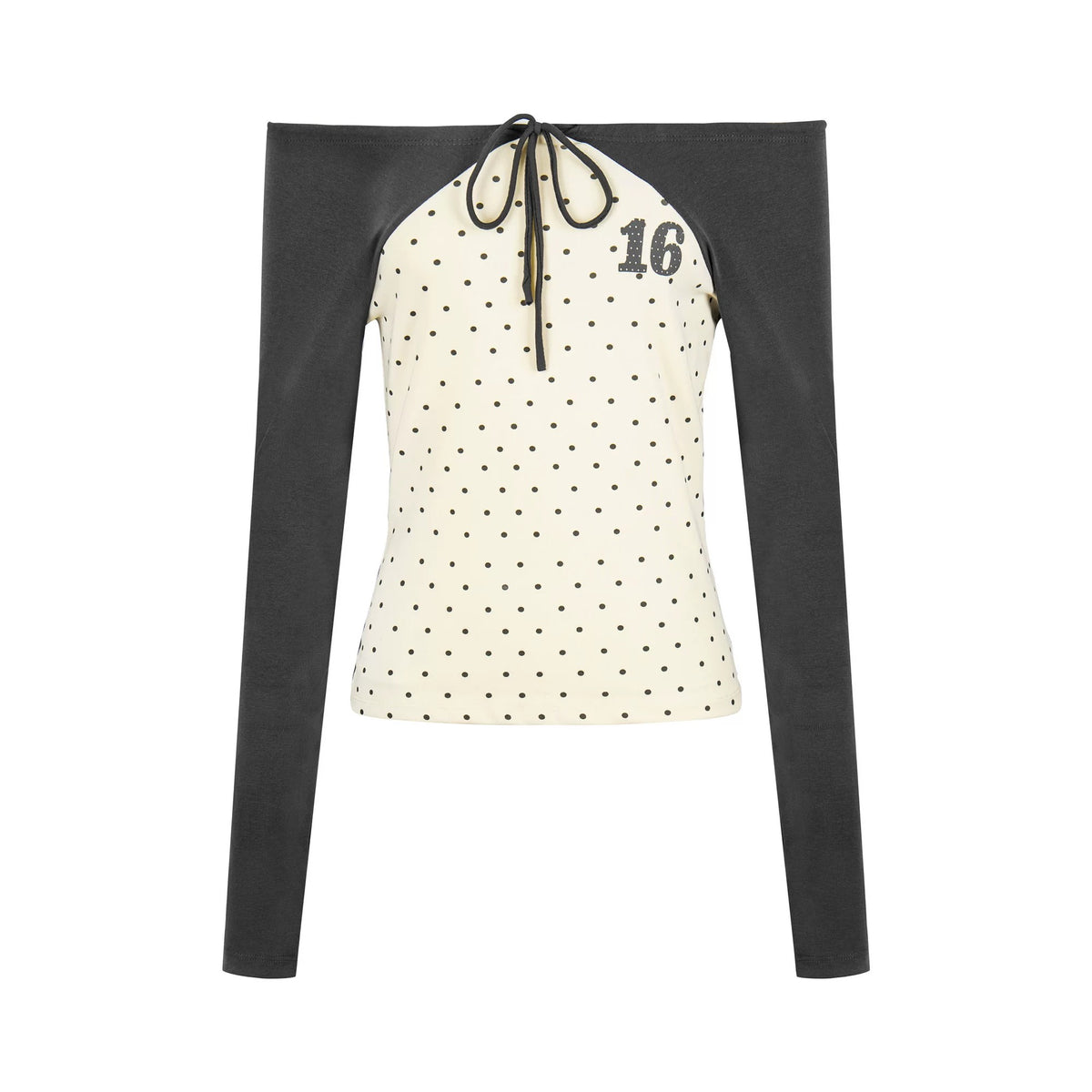 Polka-Dot Tie-Front Off-Shoulder Long Sleeve Top & Royal Blue Stripe Ruffle Mini Skirt