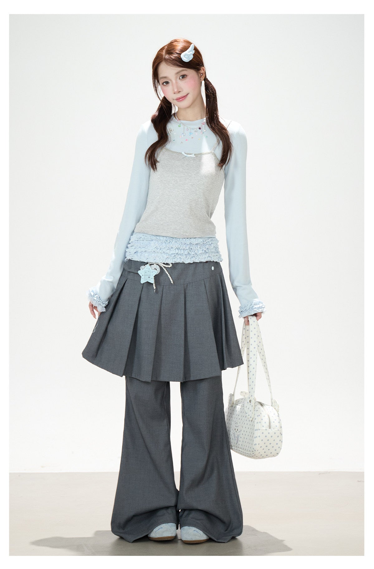 Ruffle Hem Layered Cami Long Sleeve Top & Washed Wide-Leg Jeans