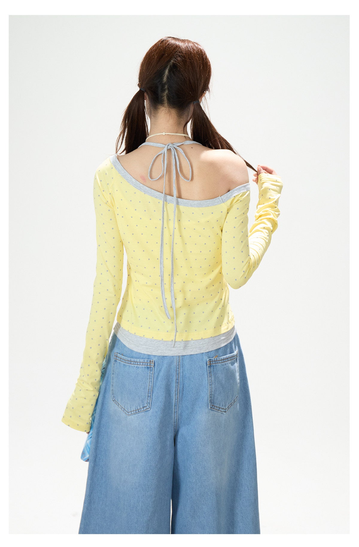 Letter Polka-Dot Off-Shoulder Layered Long Sleeve Top & Cartoon Star Wide-Leg Jeans with Charm