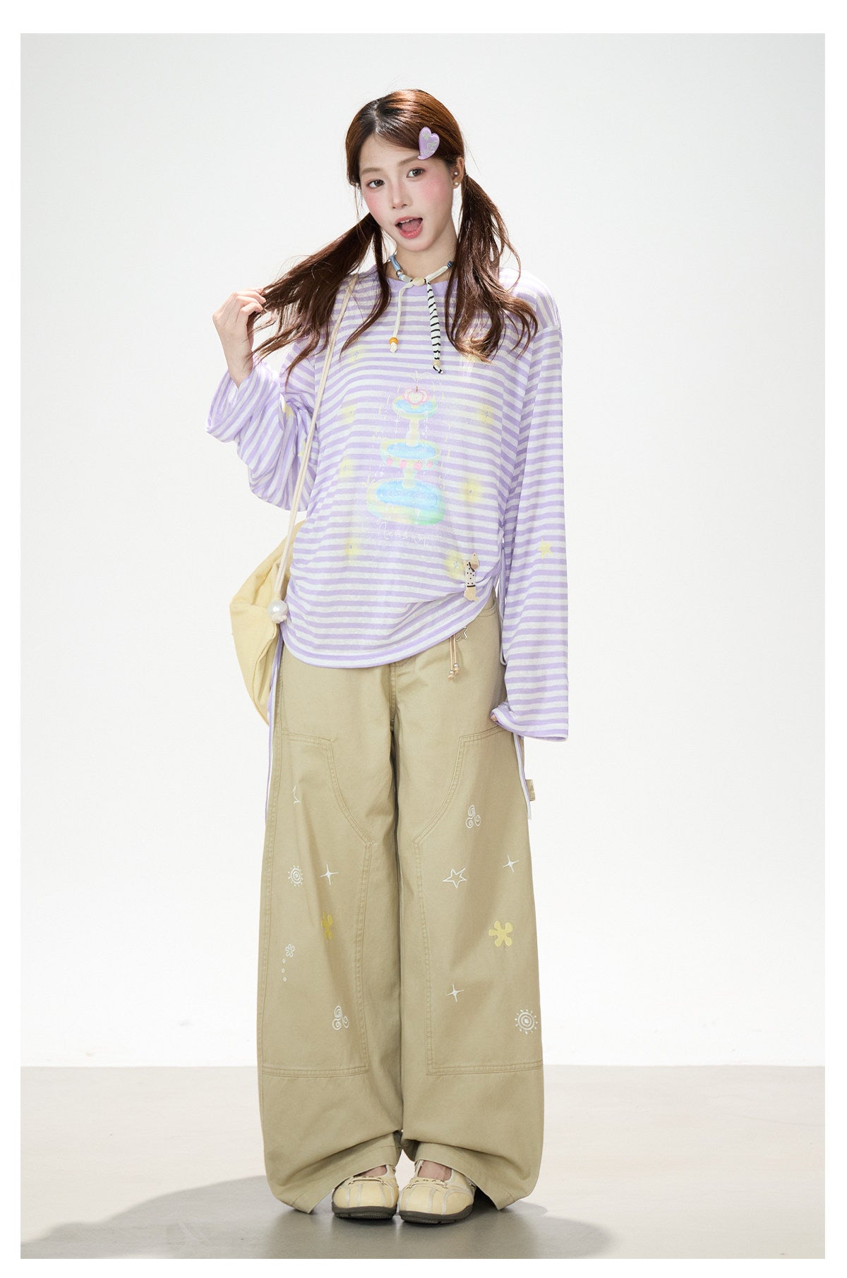 Khaki Embroidered Wide-Leg Cargo Pants