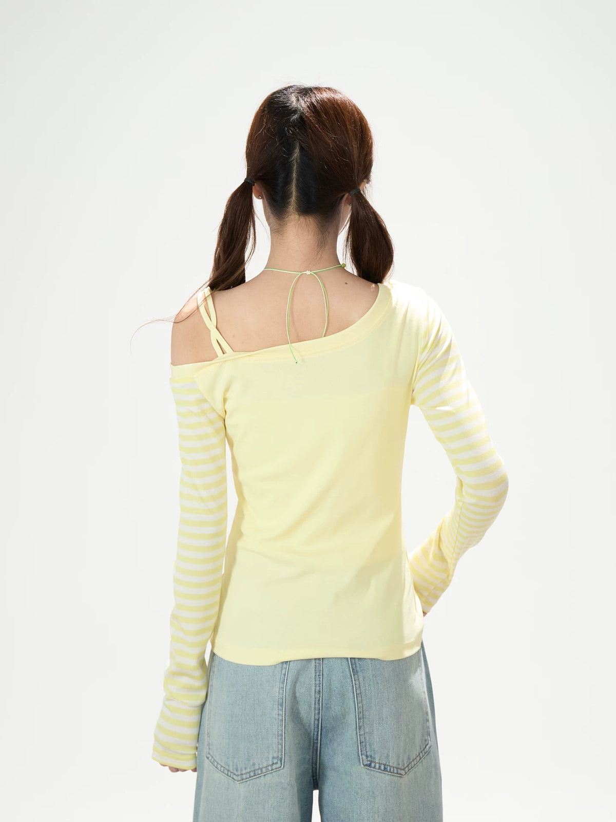 Clover Stripe Off-Shoulder Long Sleeve Top & Star Music Note Wide-Leg Jeans