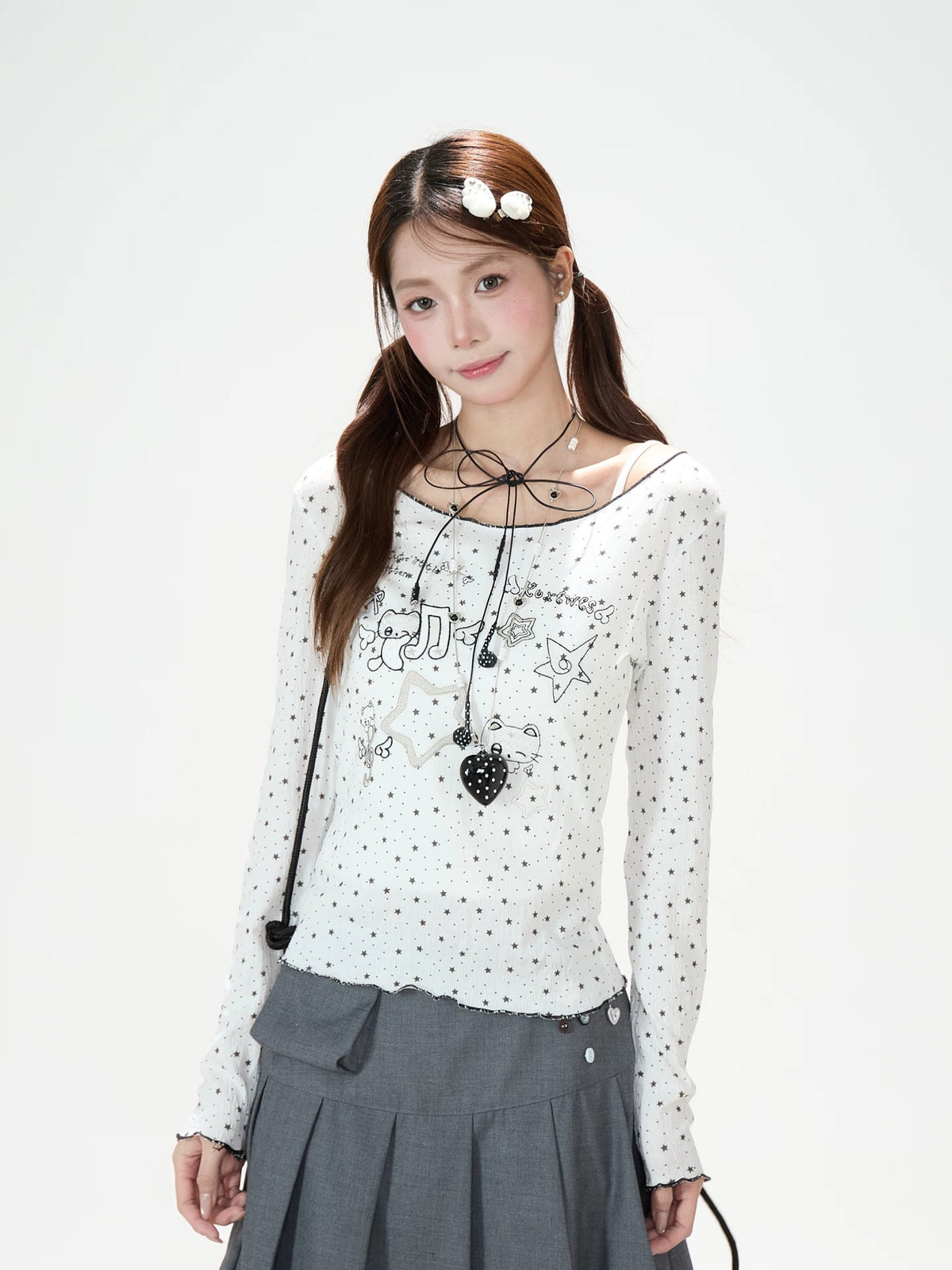 Star Cartoon Fitted Long Sleeve Top & Pleated Skirt-Layer Wide-Leg Pants