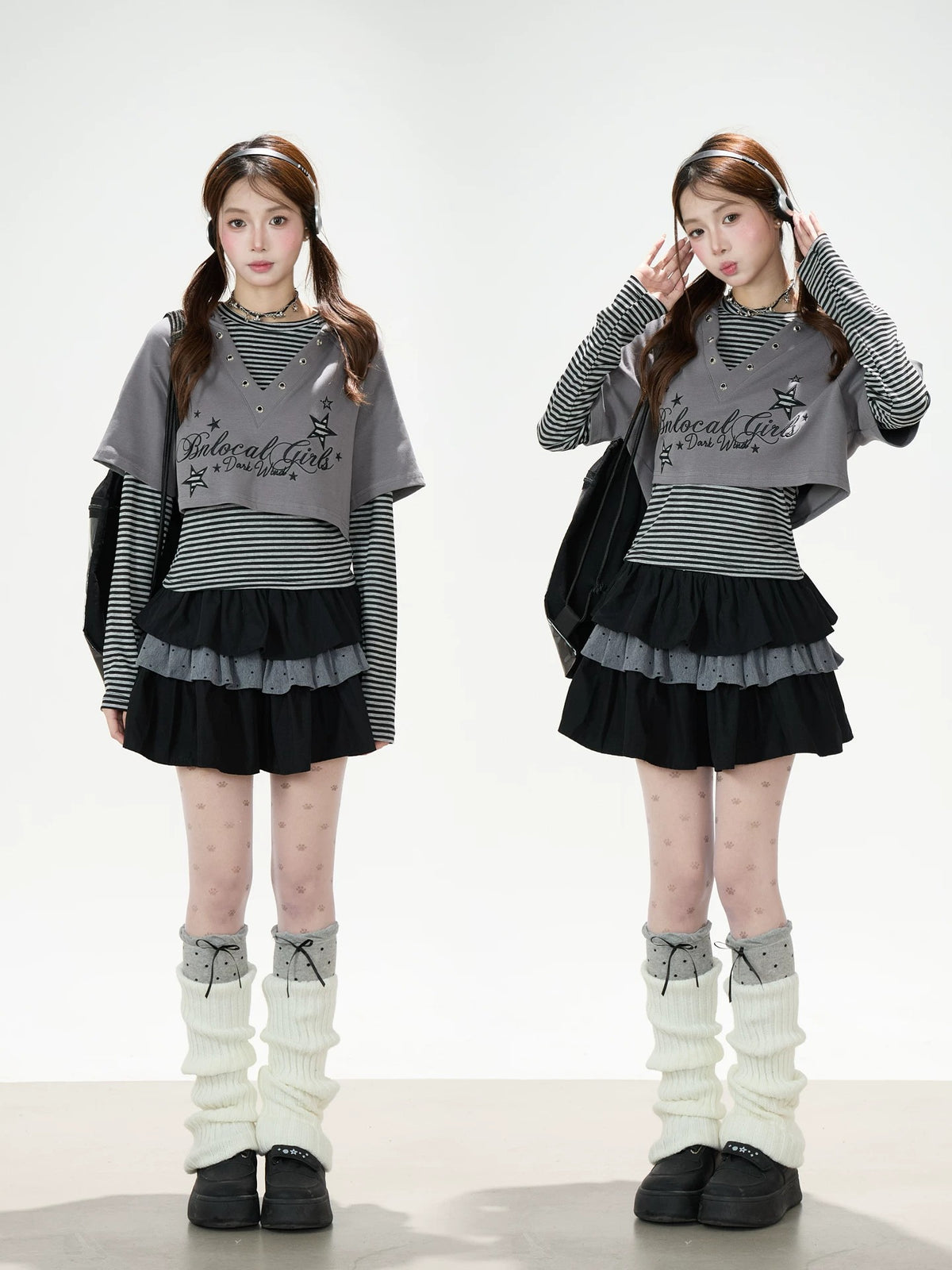 Graphic Cropped Hooded Tee, Striped Layering Long Sleeve Top & Tiered Mini Skirt