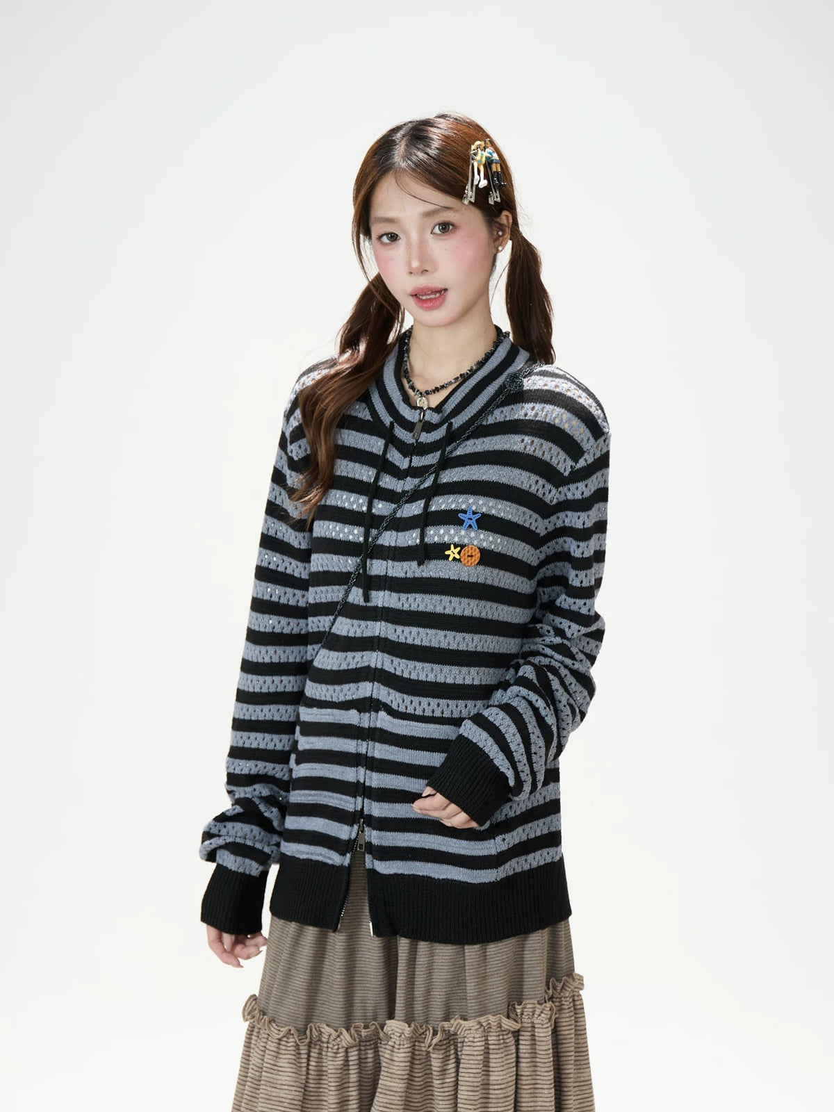 Striped Openwork Knit Cardigan & Black Polka-Dot Pleated Midi Skirt