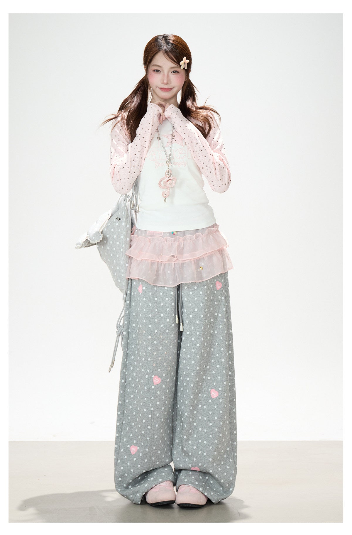Pink Star Raglan Long Sleeve Top & Gray Heart Star Wide-Leg Pants