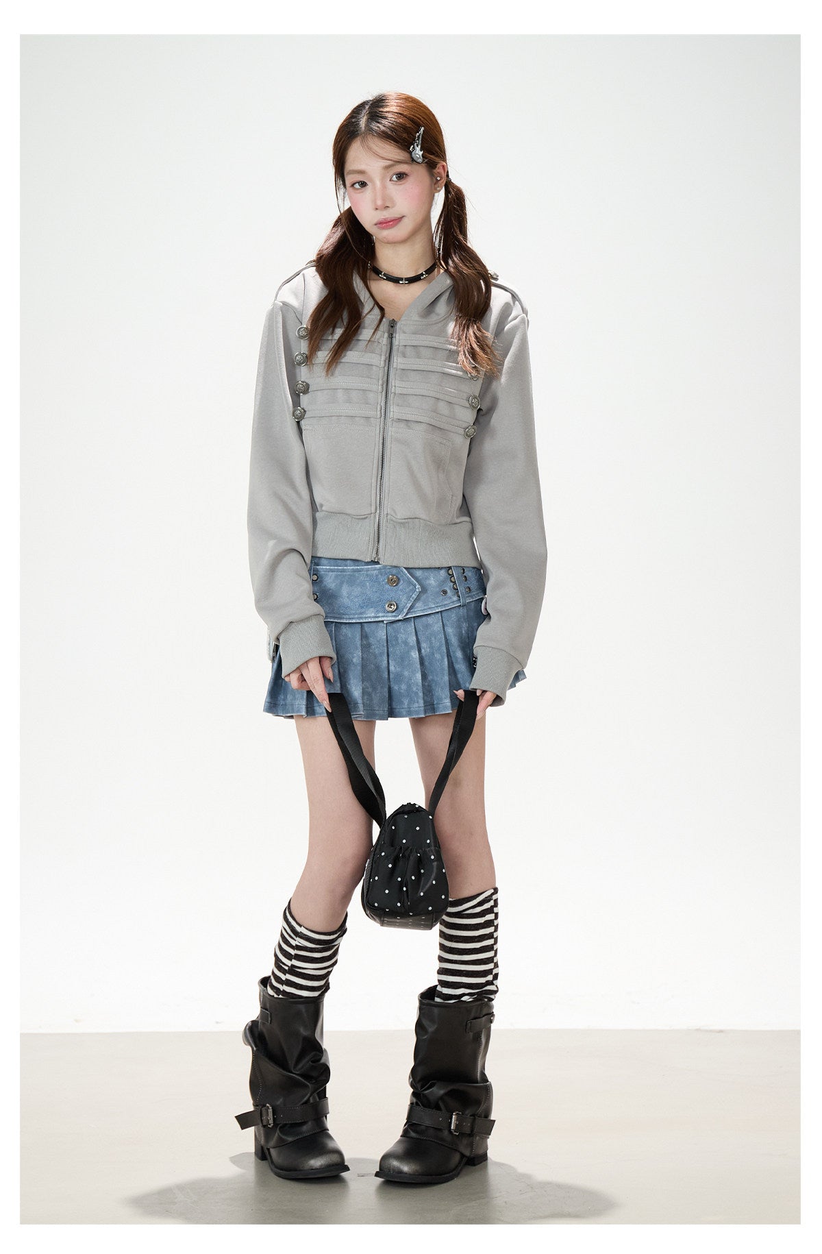 Utility Button Zip-Up Hoodie & Blue Pleated Mini Skirt