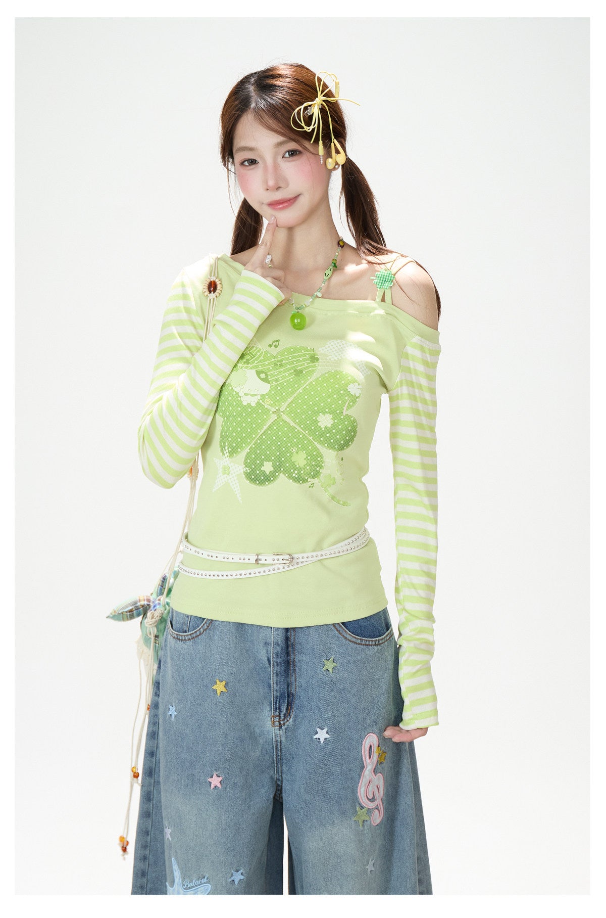 Clover Stripe Off-Shoulder Long Sleeve Top & Star Music Note Wide-Leg Jeans