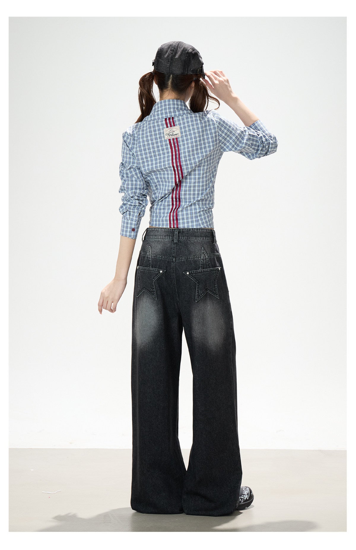 Blue Check Asymmetrical Shirt & Washed Wide-Leg Pants